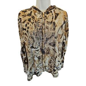 Onque casuals embellished XL leapord print long sleeve zip up hooded sweater ^